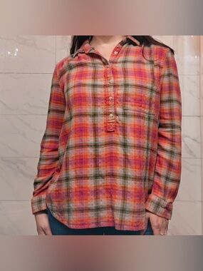 Relaxed Plaid Button-Down Shirt in Orange and Pink